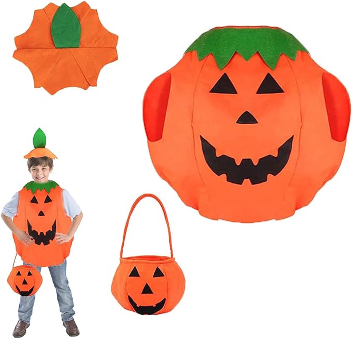 Halloween pompoen kinderkostuum, cosplay jurk kostuum met hoed en mand pompoen set voor meisjes jongens party cosplay maskerade carnaval crossdressing party kostuums