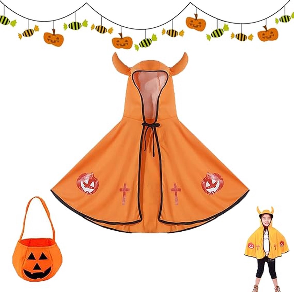 Halloween tovenaarscape, Halloween cape voor kinderen, pompoen Halloween kostuum Cape, hoornhoed en pompoen snoepzak, Halloween tovenaarscape, voor jongens en meisjes, cosplayfeest - oranje kleur