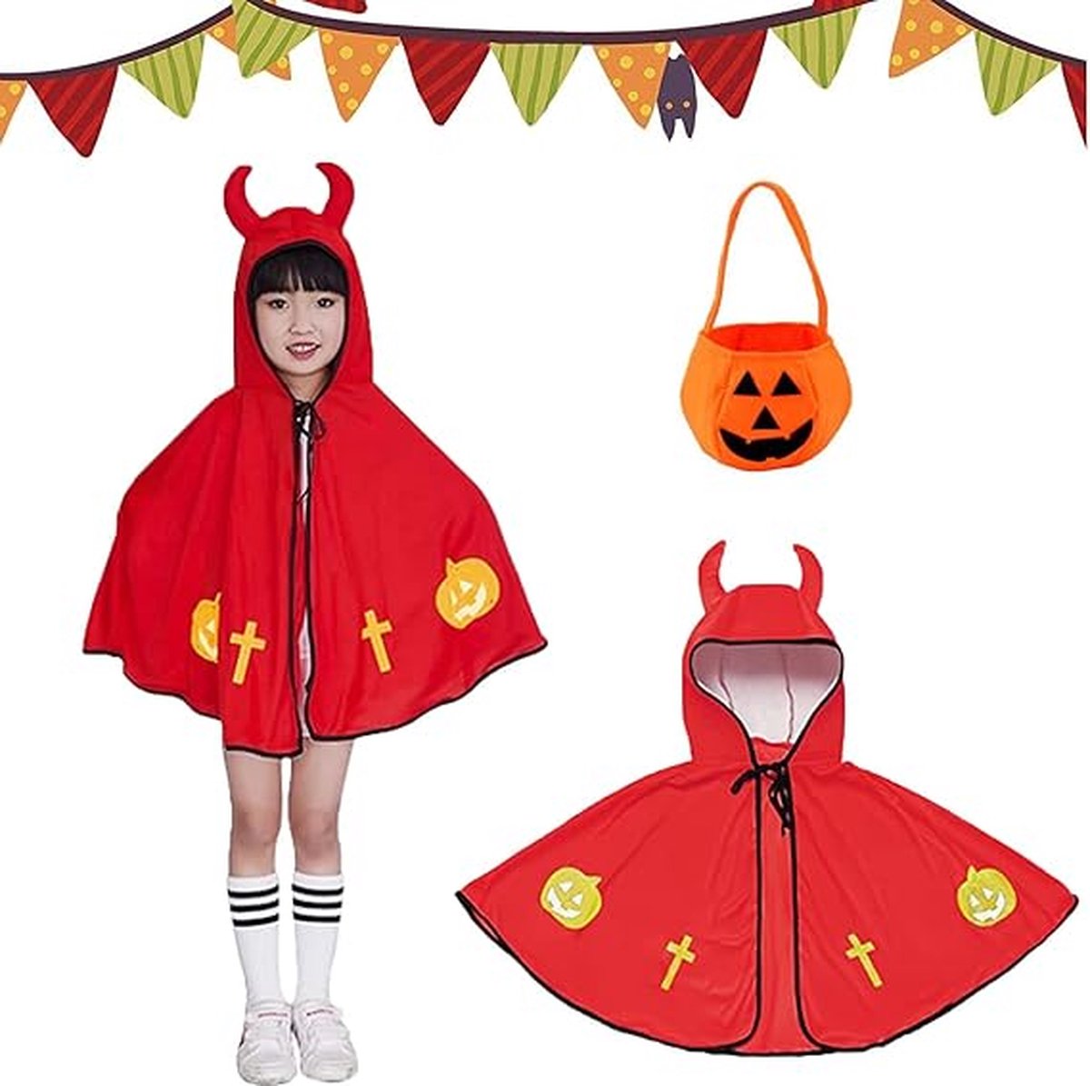 Halloween tovenaarscape, Halloween cape voor kinderen, pompoen Halloween kostuum Cape, hoornhoed en pompoen snoepzak, Halloween tovenaarscape, voor jongens en meisjes, cosplayfeest - rood