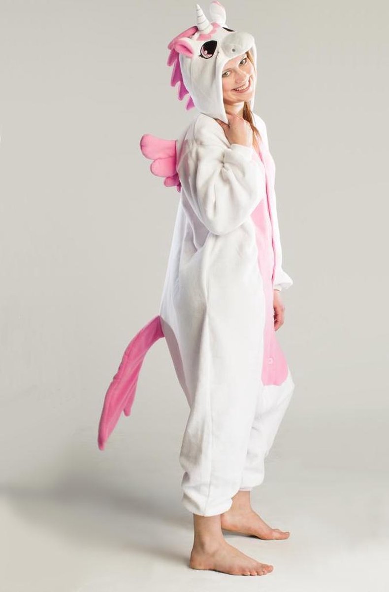 KIMU Onesie Wit Roze Pegasus Pak - Maat L-XL - Eenhoornpak Kostuum Eenhoorn Unicorn - Jumpsuit Zacht Huispak Dierenpak Pyjama Dames Heren Sinterklaas Kado