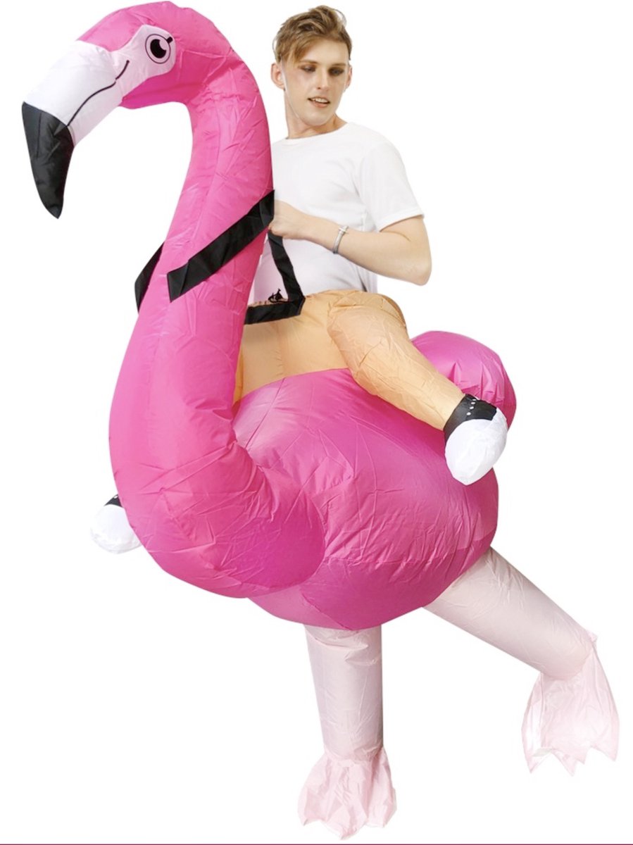 KIMU® Opblaas Kostuum Rijdend op Flamingo - Opblaasbaar Pak - Flamingopak Mascotte Opblaaspak - Opblaasbare Flamingo Vogel Roze Dames Heren Sinterklaas Kado