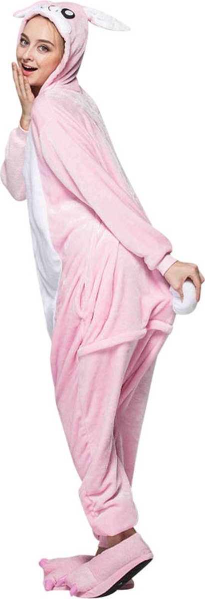 Konijn Roze Onesie Pak Kostuum Outfit Huispak Jumpsuit Verkleedpak - Verkleedkleding - Halloween & Carnaval - SnugSquad - Kinderen & Volwassenen - Unisex - Maat M voor Lichaamslengte (155 - 165 cm)