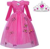 La Señorita Doornroosje jurk Prinsessen jurk verkleedjurk 128-134 (130) fel roze Luxe met vlinders + kroon verkleedkleding kinderen