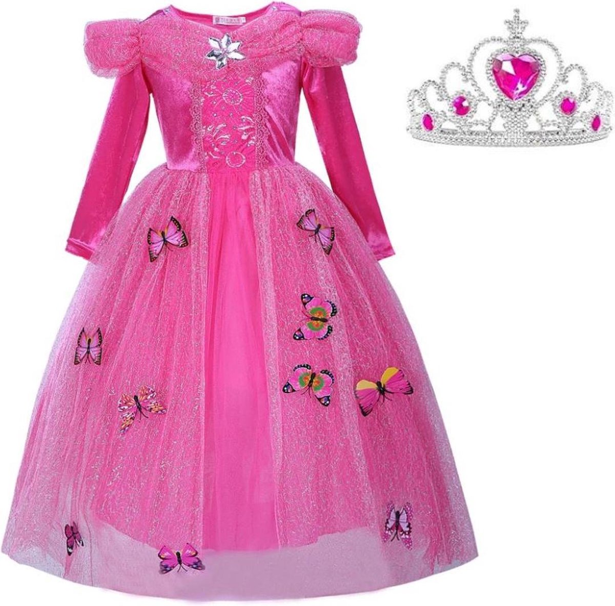 La Señorita Doornroosje jurk Prinsessen jurk verkleedjurk 128-134 (130) fel roze Luxe met vlinders + kroon verkleedkleding kinderen