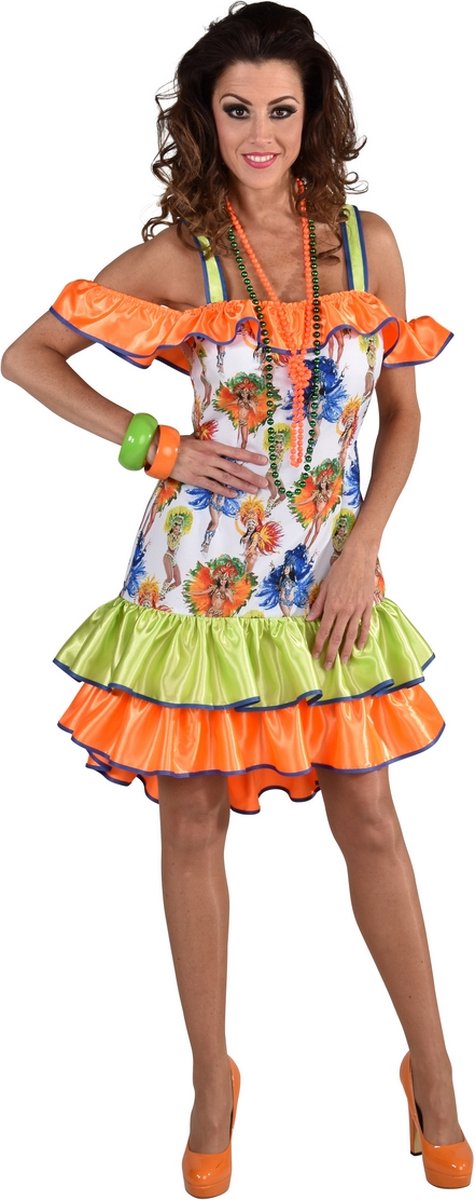 Magic By Freddy's - Brazilie & Samba Kostuum - Sally Samba Rio Carnaval - Vrouw - Oranje, Wit / Beige - Medium - Carnavalskleding - Verkleedkleding