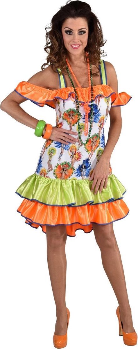 Magic By Freddy's - Brazilie & Samba Kostuum - Sally Samba Rio Carnaval - Vrouw - Oranje, Wit / Beige - XXL - Carnavalskleding - Verkleedkleding