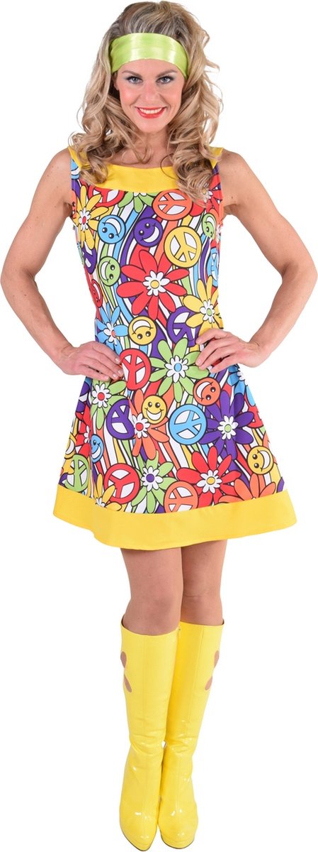 Magic By Freddy's - Hippie Kostuum - Hippie Vol Smileys - Vrouw - Multicolor - Extra Small - Carnavalskleding - Verkleedkleding