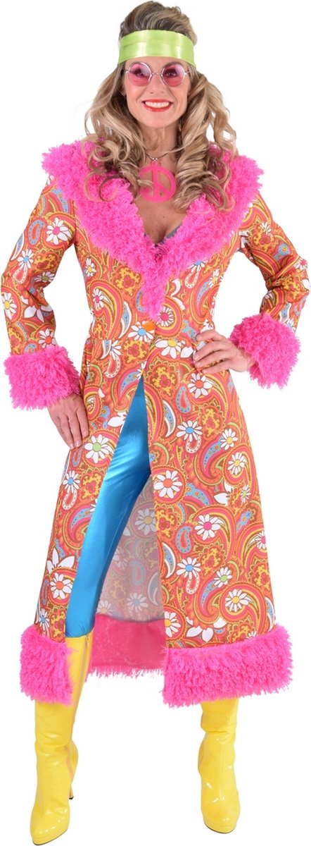 Magic By Freddy's - Hippie Kostuum - Roze Jaren 70 Paisley Bloemen Jas Met (Nep)bont Vrouw - Roze - XXL - Carnavalskleding - Verkleedkleding