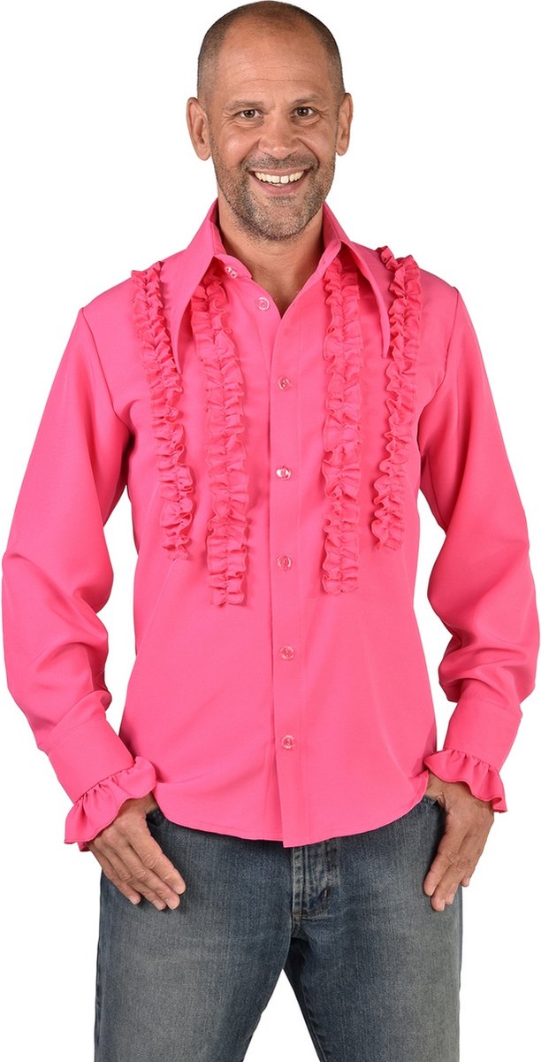 Magic By Freddy's - Jaren 80 & 90 Kostuum - Rouches Overhemd Disco Roze Man - Roze - XXL - Carnavalskleding - Verkleedkleding