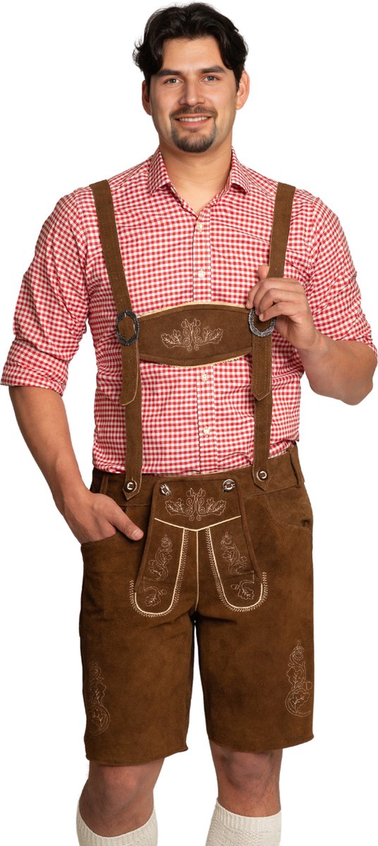 Oktoberfest Lederhose Flachau met Bretels Kort 100% Echt leder Oktoberfest Heren Carnavalskleding Heren Lederhosen Man - Leer - Donkerbruin - L