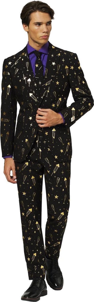 OppoSuits | Fancy Fireworks | Mannen Kostuum Met Vuurwerk Print | Oud en Nieuw | Zwart | Kerst | Maat 58