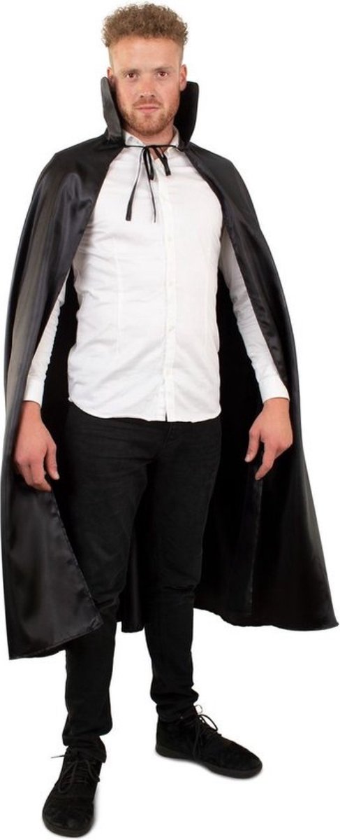 PartyXplosion - Vampier & Dracula Kostuum - Lange Cape Zwart Met Kraag - Zwart - One size - Halloween - Verkleedkleding