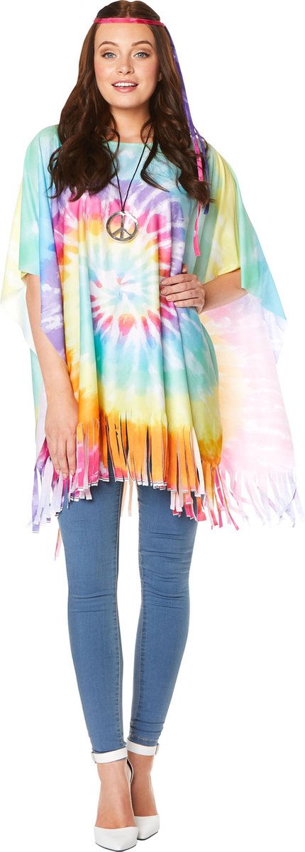 Partychimp Verkleedponcho 70's Hippie Tie-dye Foute Party Kostuum Dames Carnaval Kostuum Dames Carnavalskleding Dames Flower Power Retro - One Size