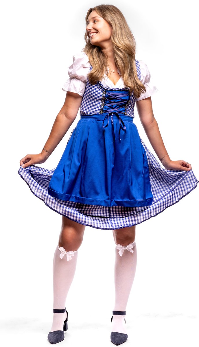 Samex-Oktoberfest Dames- Premium Dirndl-Blauw-Voor Feesten en Carnaval-Maat L-Kousen Inbegrepen