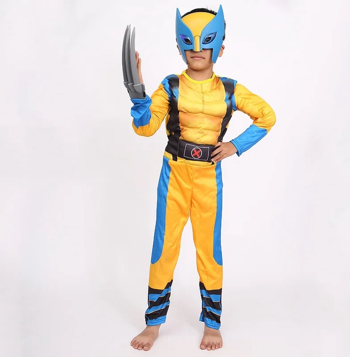 Sinterklaas - Kerstmis - Halloween - Superheld - Wolverine - Cosplay - Kostuum - Wolf - Klauwen - Luxe Masker - Jumpsuit - Bodysuit - Muscle - Kostuum Pak - Geel/Blauw - 135-145CM