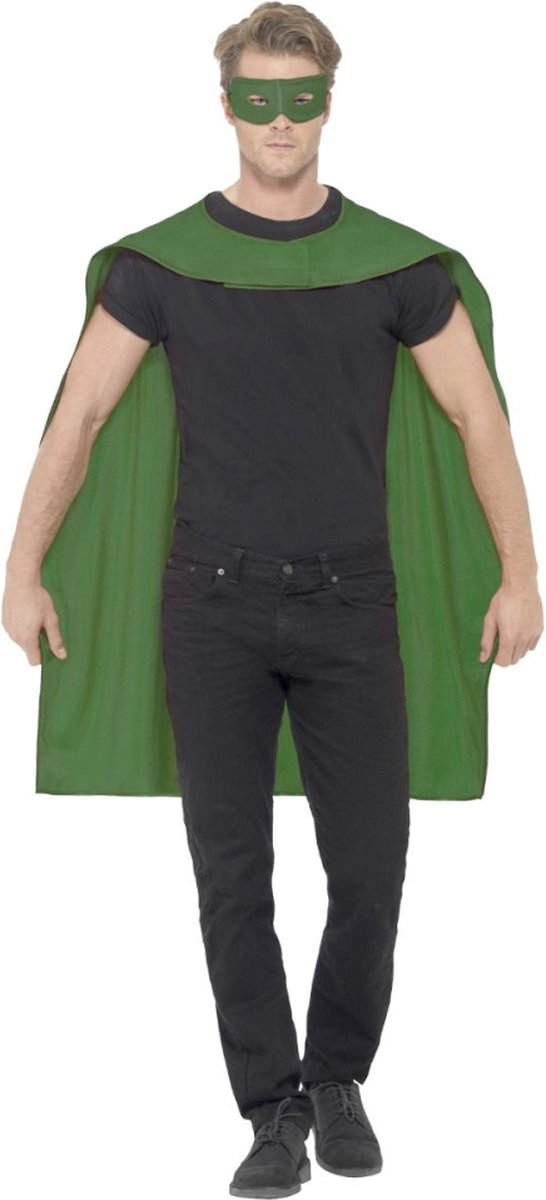 Smiffy's - Groene Cape En Oogmasker Superheld Kostuum - Groen - One Size - Carnavalskleding - Verkleedkleding