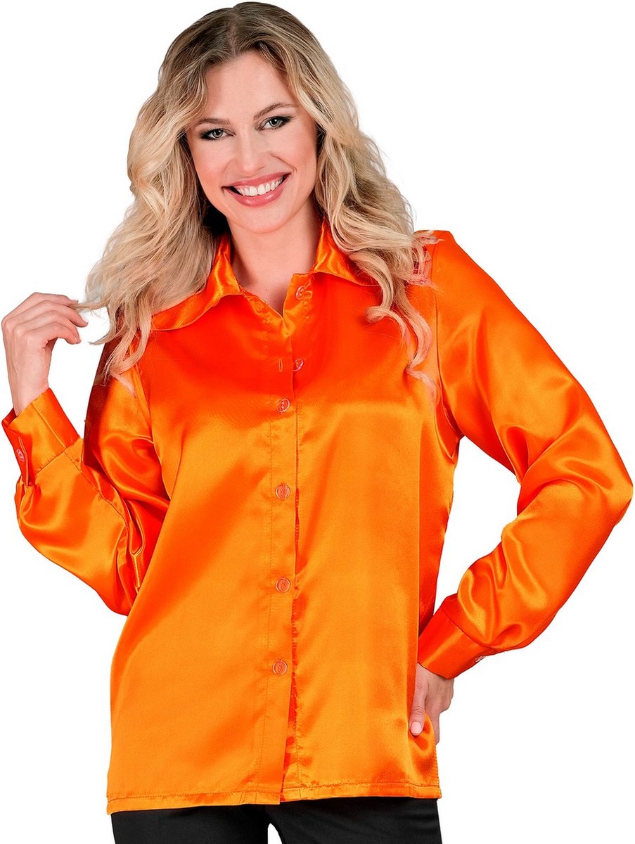 Widmann - 100% NL & Oranje Kostuum - Jaren 70 Blouse Satijn Oranje Vrouw - Oranje - Medium - Carnavalskleding - Verkleedkleding