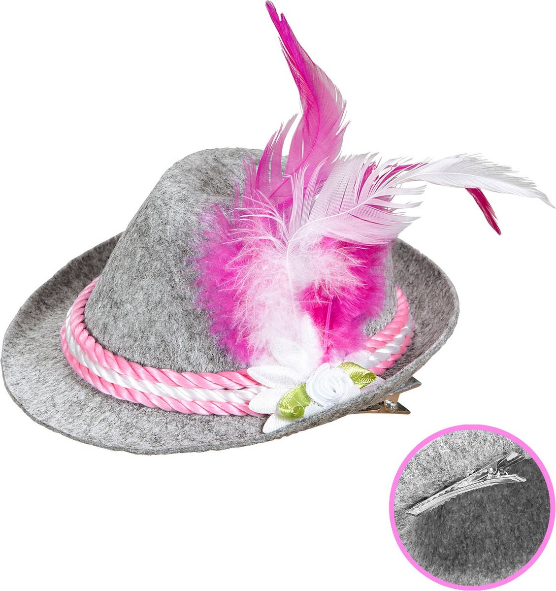 Widmann - Boeren Tirol & Oktoberfest Kostuum - Oktoberfest Dames Mini Beierse Fedora, Roze - Grijs - Bierfeest - Verkleedkleding