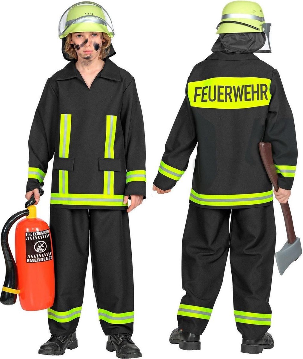 Widmann - Brandweer Kostuum - Brandweerman Feuerwehr Huizenhoge Vlammen - Jongen - Geel, Zwart - Maat 140 - Carnavalskleding - Verkleedkleding