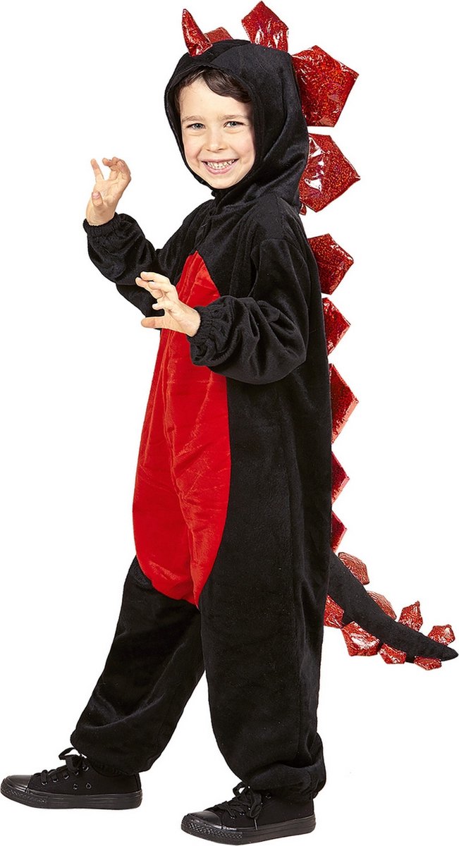 Widmann - Draak Kostuum - Zwarte Pluche Draak Roodbuik - Jongen - Rood, Zwart - Maat 128 - Halloween - Verkleedkleding