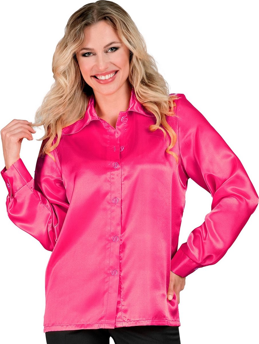 Widmann - Feesten & Gelegenheden Kostuum - Jaren 70 Blouse Satijn Roze Vrouw - Roze - Large - Carnavalskleding - Verkleedkleding