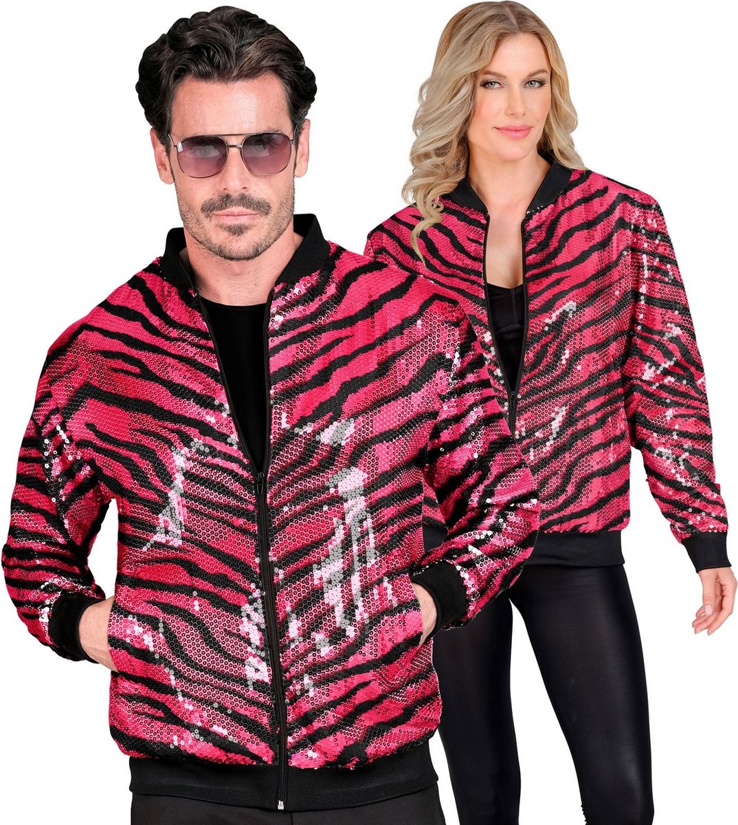 Widmann - Grappig & Fout Kostuum - Bomberjack Pailletten Jas Roze Animal Stripes - Roze - Large / XL - Carnavalskleding - Verkleedkleding