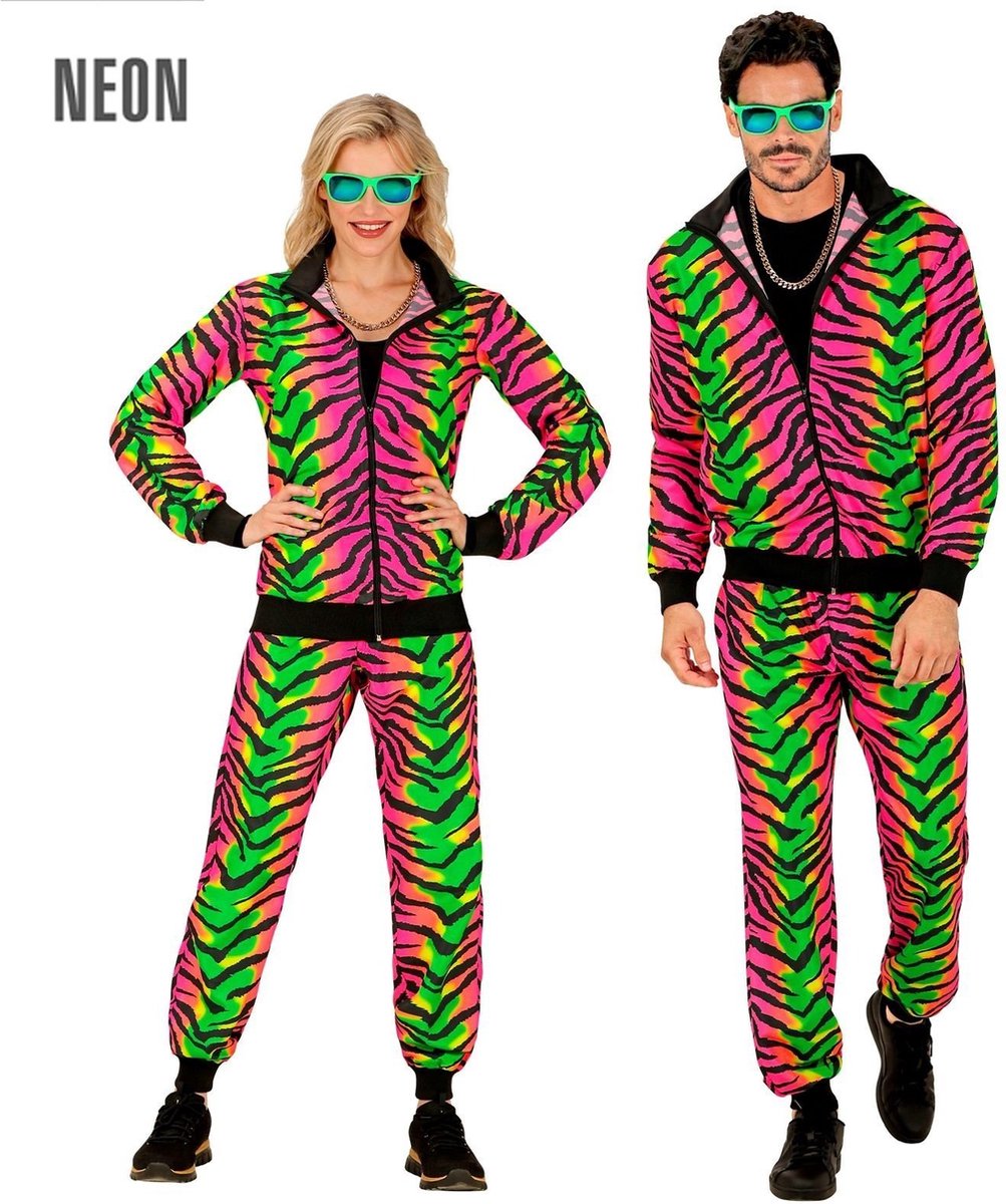 Widmann - Grappig & Fout Kostuum - Neon Raving Tiger Retro Trainingspak Kostuum - Groen, Roze - Large - Carnavalskleding - Verkleedkleding