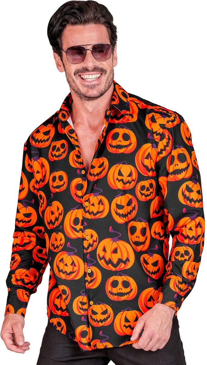 Widmann - Halloween Kostuum - Koen Pompoen Overhemd Man - Oranje, Zwart - Small / Medium - Carnavalskleding - Verkleedkleding