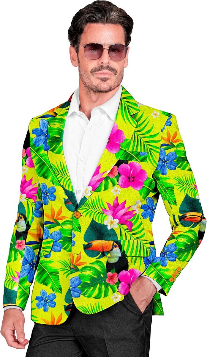 Widmann - Hawaii & Carribean & Tropisch Kostuum - Tropicana Bloemen Colbert Man - Geel, Groen - Large - Carnavalskleding - Verkleedkleding