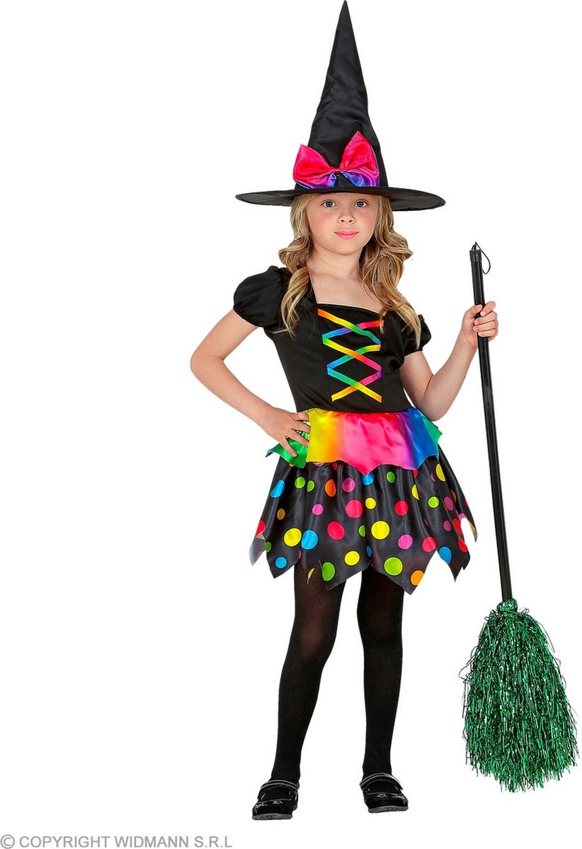 Widmann - Heks & Spider Lady & Voodoo & Duistere Religie Kostuum - Gekleurde Polkadot Heks Henrika - Meisje - Zwart, Multicolor - Maat 140 - Halloween - Verkleedkleding