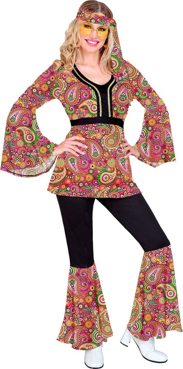 Widmann - Hippie Kostuum - Dance All Night Hippie Jaren 60 Style - Vrouw - Rood, Zwart - XS - Carnavalskleding - Verkleedkleding