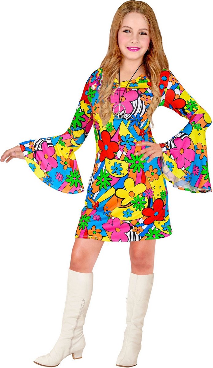 Widmann - Hippie Kostuum - Fleurige En Enorm Kleurige Hippie Jurk Meisje - Multicolor - Maat 140 - Carnavalskleding - Verkleedkleding