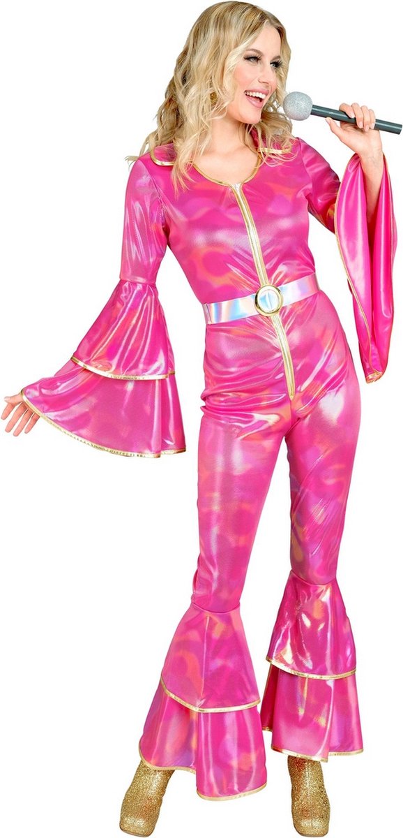 Widmann - Hippie Kostuum - Get Into The Groove 70s Jumpsuit Roze - Vrouw - Roze - Medium - Carnavalskleding - Verkleedkleding