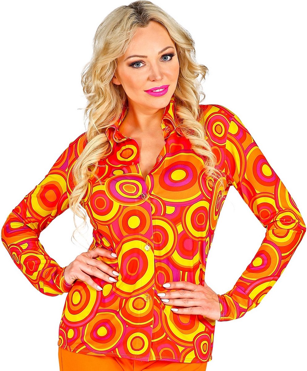 Widmann - Hippie Kostuum - Knaloranje Jaren 70 Koningin Van De Dansvloer Shirt Vrouw - Geel, Oranje - Large / XL - Carnavalskleding - Verkleedkleding