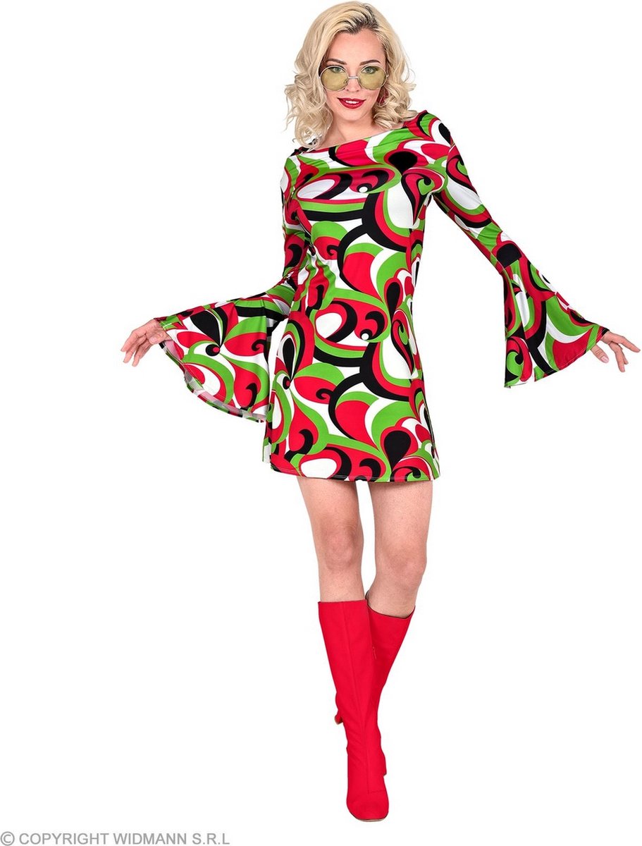 Widmann - Hippie Kostuum - Miss Seventies Jurk Vrouw - Rood, Groen - Small - Carnavalskleding - Verkleedkleding