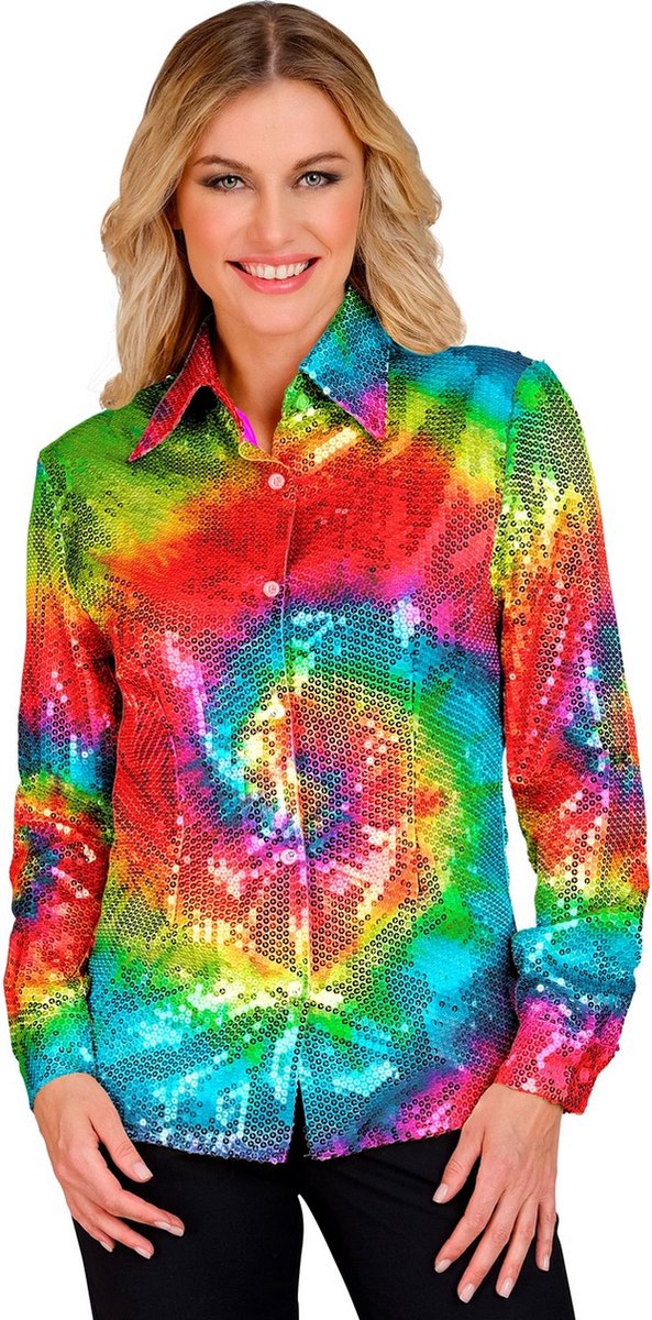 Widmann - Hippie Kostuum - Pailletten Blouse Circle Of Colour Hippie Vrouw - Multicolor - Large / XL - Carnavalskleding - Verkleedkleding