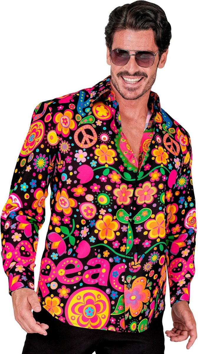 Widmann - Hippie Kostuum - Peace And Love Overhemd Neon Man - Multicolor - Small / Medium - Carnavalskleding - Verkleedkleding