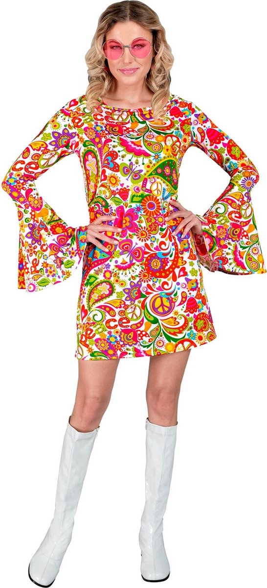 Widmann - Hippie Kostuum - Super 60s Peace And Flower Jurk Vrouw - Multicolor - XL - Carnavalskleding - Verkleedkleding