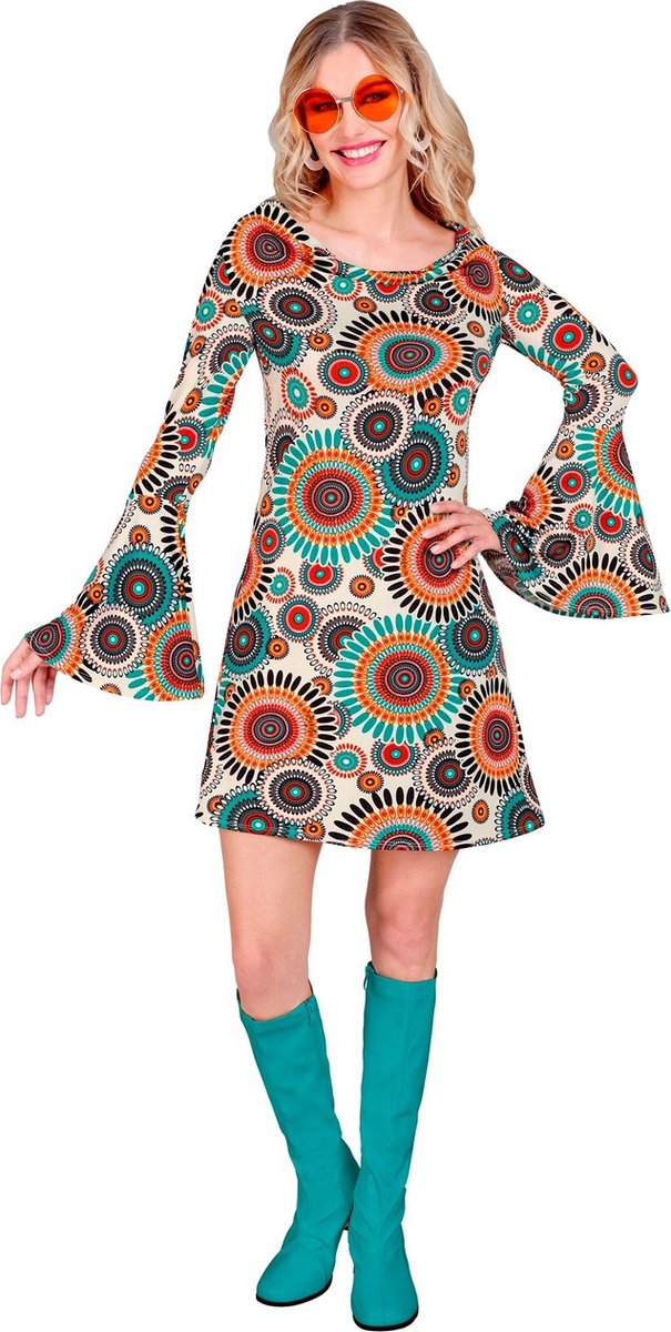 Widmann - Hippie Kostuum - Super 60s True Vintage Jurk Vrouw - Blauw, Oranje - Medium - Carnavalskleding - Verkleedkleding