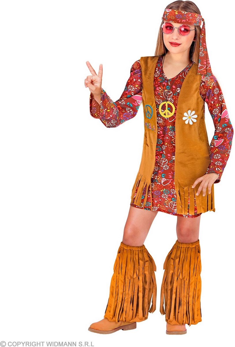 Widmann - Hippie Kostuum - Vredeskind Hippe Hanna - Meisje - Rood, Bruin - Maat 116 - Carnavalskleding - Verkleedkleding