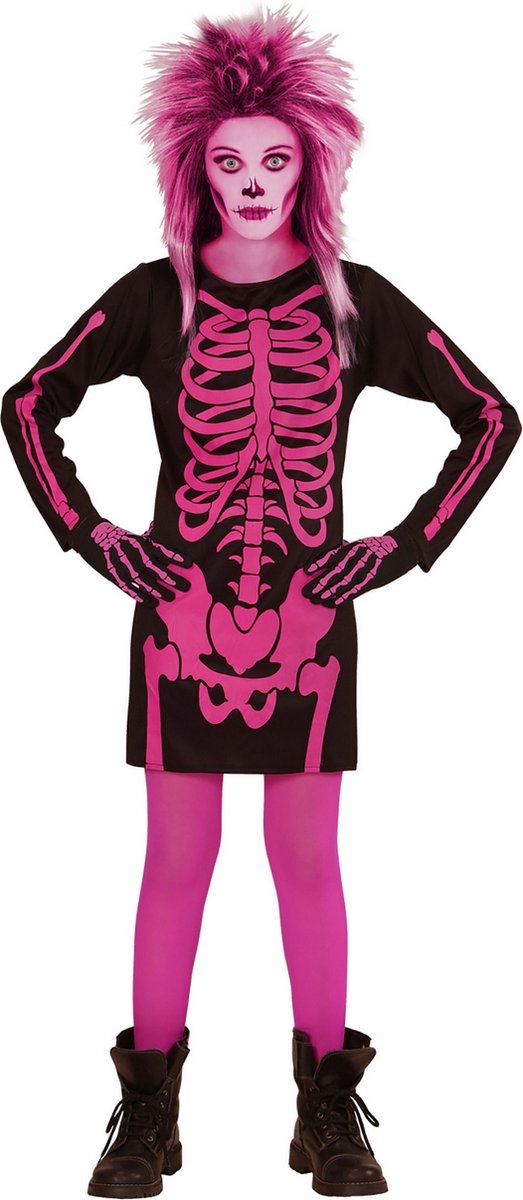 Widmann - Spook & Skelet Kostuum - Korte Jurk Skelet Kind Roze Meisje - Roze - Maat 128 - Halloween - Verkleedkleding