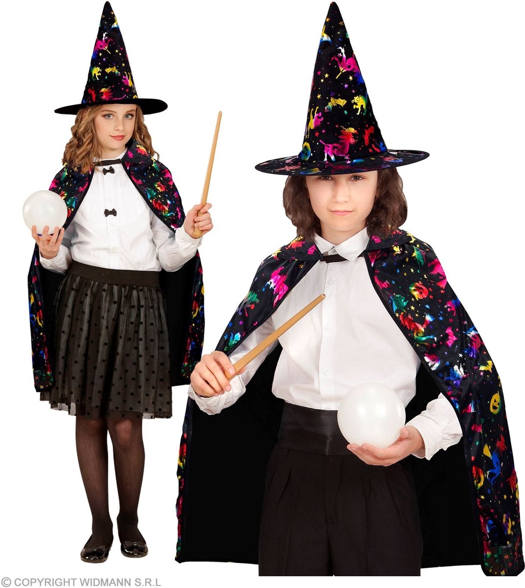 Widmann - Tovenaar & Tovenares & Waarzegster Kostuum - Cape Wizards En Witches Kind - Zwart - One Size - Halloween - Verkleedkleding