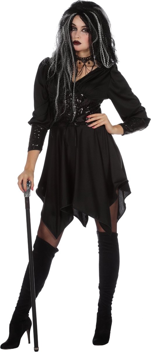 Wilbers & Wilbers - Heks & Spider Lady & Voodoo & Duistere Religie Kostuum - Duistere Zwarte Engel Hades - Vrouw - Zwart - Maat 42 - Halloween - Verkleedkleding