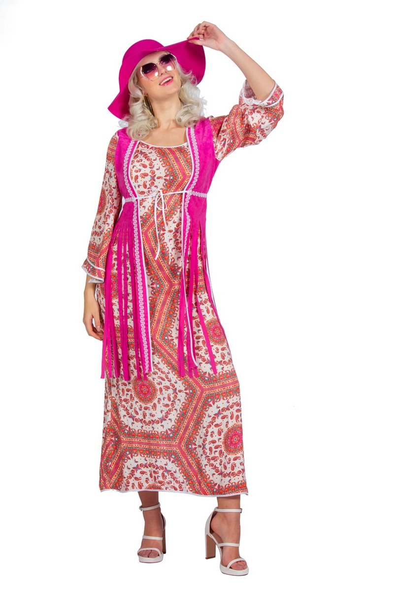 Wilbers & Wilbers - Hippie Kostuum - Lange Comfi Hippie Jurk Rozaline Vrouw - Roze - Maat 40 - Carnavalskleding - Verkleedkleding