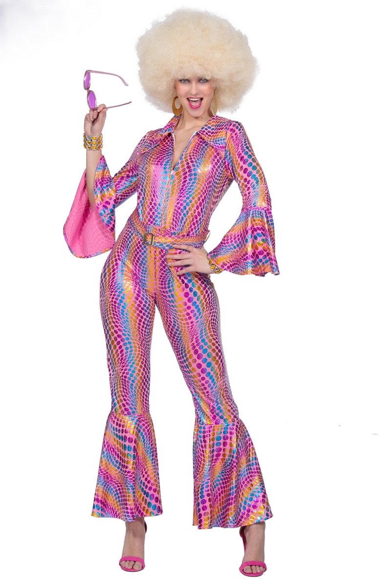 Wilbers & Wilbers - Hippie Kostuum - Luxe Disco Jaren 70 Roze Regenboog - Vrouw - Roze - Maat 38 - Carnavalskleding - Verkleedkleding