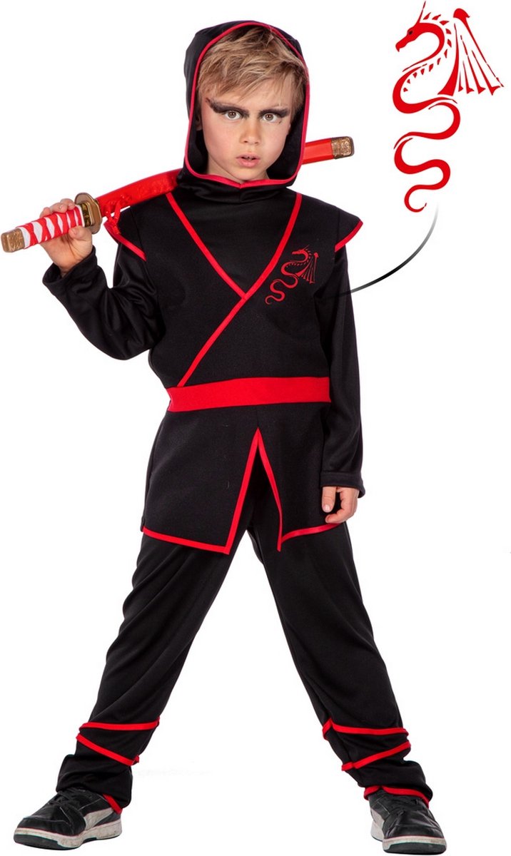 Wilbers & Wilbers - Ninja & Samurai Kostuum - Brad Lee Ninja - Jongen - Rood, Zwart - Maat 116 - Carnavalskleding - Verkleedkleding