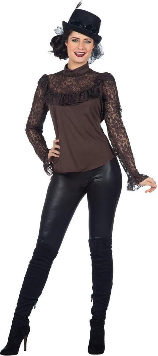 Wilbers & Wilbers - Piraat & Viking Kostuum - Sexy Kanten Blouse Bruin Vrouw - Bruin - Maat 40 - Halloween - Verkleedkleding