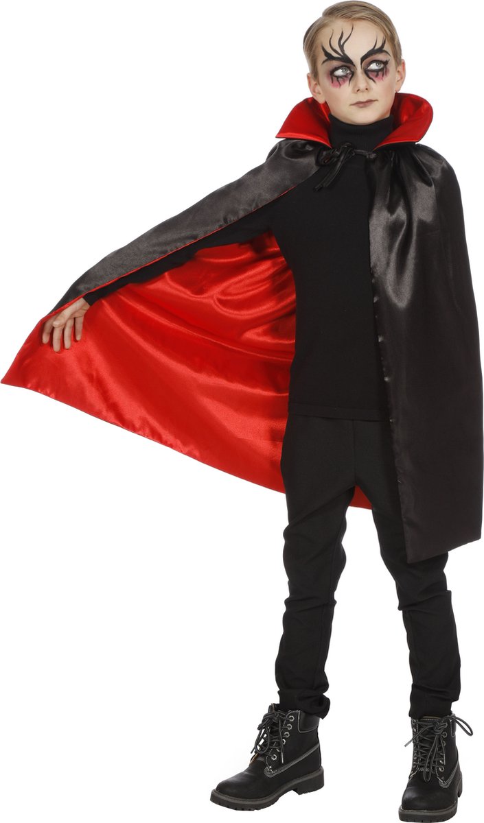 Wilbers & Wilbers - Vampier & Dracula Kostuum - Dracula Cape Met Kraag Zwart / Rood - Rood, Zwart - Maat 140 - Halloween - Verkleedkleding