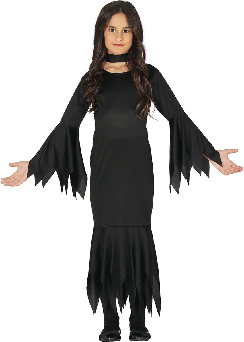 Zwart Morticia Kostuum voor Meisjes - Spookachtig en Elegant Halloween Outfit