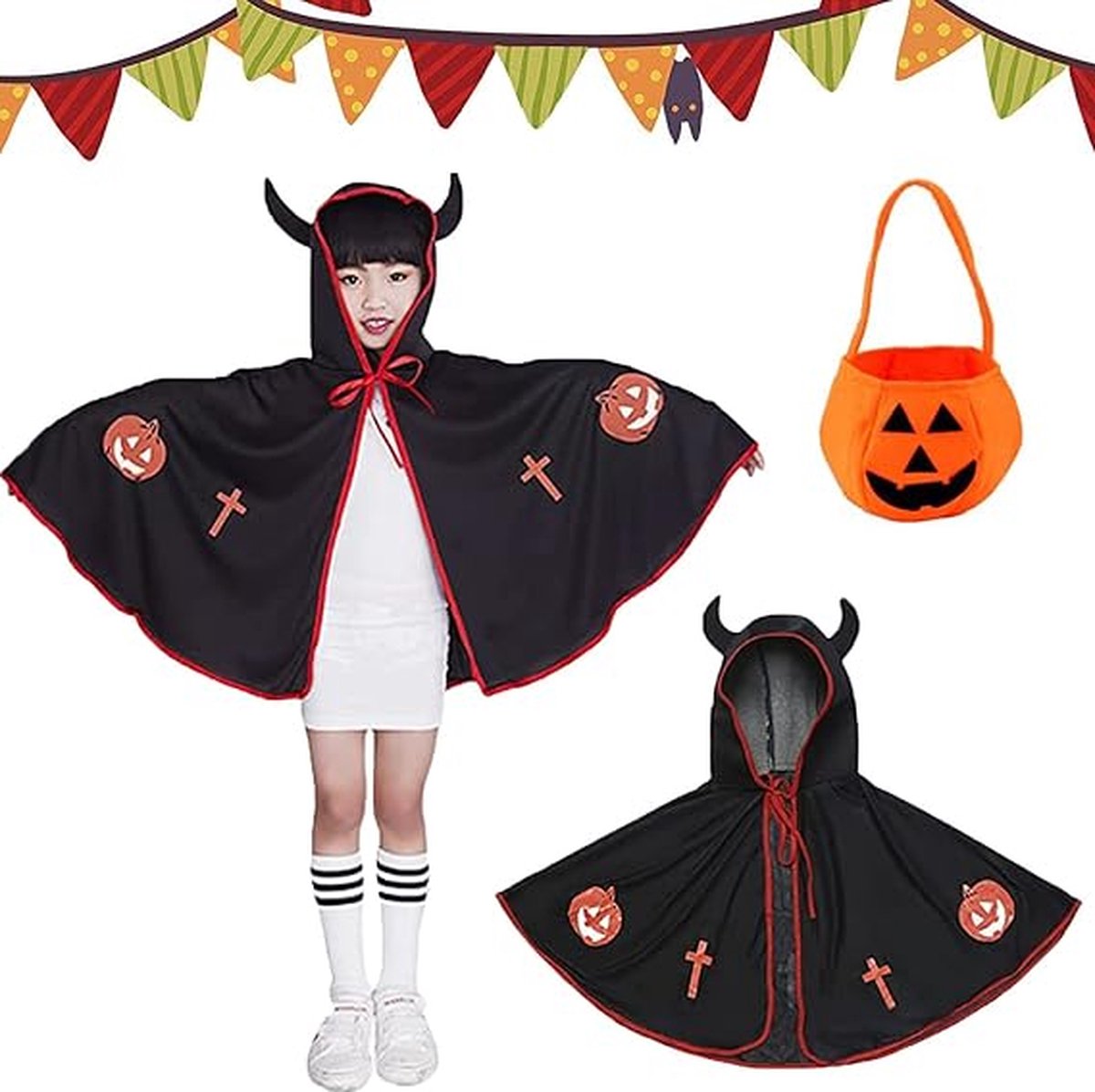 halloween kostuum - Halloween tovenaarscape, Halloween cape voor kinderen, pompoen Halloween kostuum Cape, hoornhoed en pompoen snoepzak, Halloween tovenaarscape, voor jongens en meisjes, cosplayfeest - Zwart